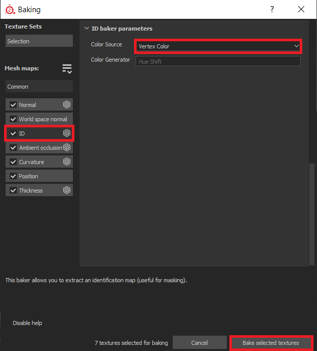 Substance Painter - Bake Mesh Maps Window - ID Map Options